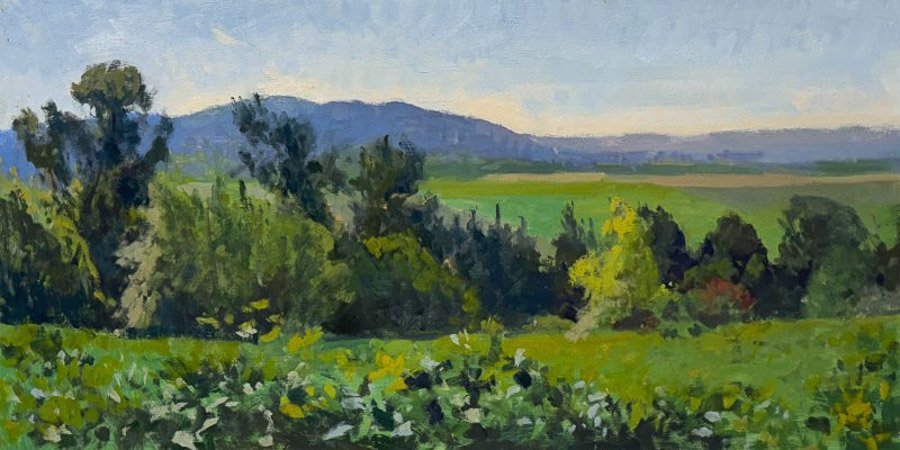 FIELDS AND FOREVER, oil on MDH panel, 18 x 36 inches, copyright ©2023